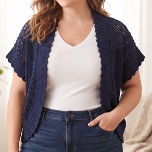 Jason Maxwell Womens XL Navy Blue Open Knit Crochet Bolero Shrug Cardigan
